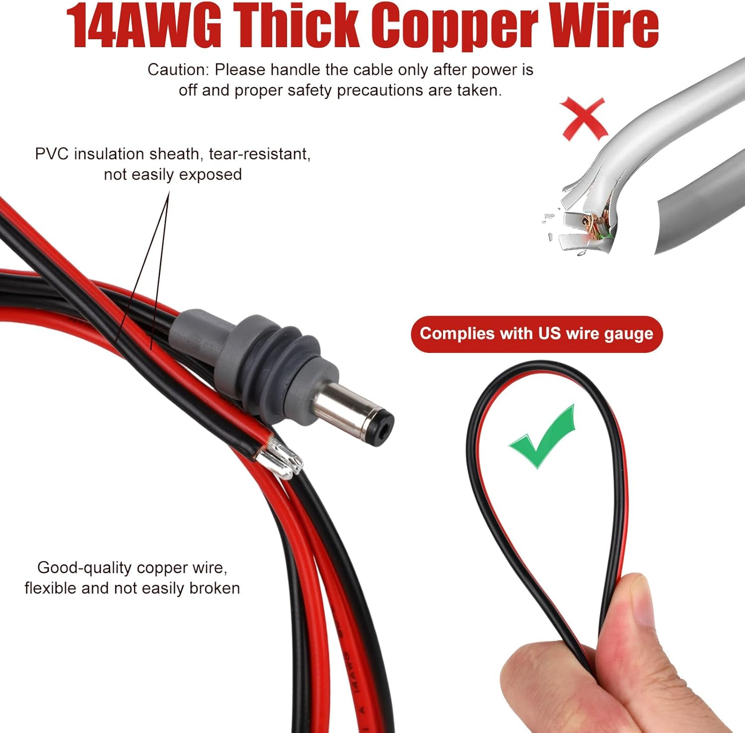 DC5521 DC Power Cable for Starlink Mini, 14AWG 5.5X2.1Mm Male Plug to Bare Wire Pigtails 3.28Ft Extension Cord for Starlink Mini Accessories DIY Replacement image number 3