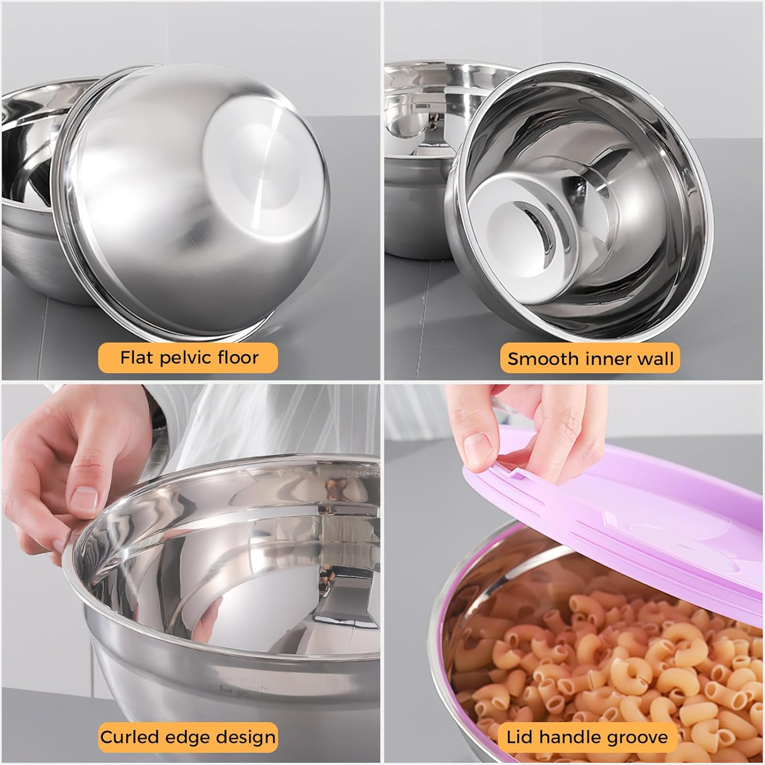 4Pcs Mixing Bowl Set, Stainless Steel Nesting Mixing Bowls Set, Salad Bowl with Lids for Baking/Cooking/Serving/Storage Dishwasher Safe