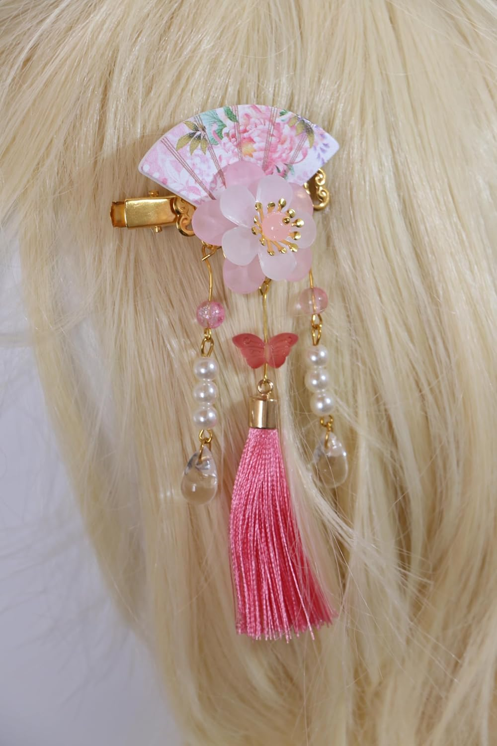 C-118-3 Pink Fan Shape Sakura Cherry Blossom Tassels Hair Clip Hair Clip Hair Clip Japanese Geisha Kimono China Hanfu Accessory image number 5