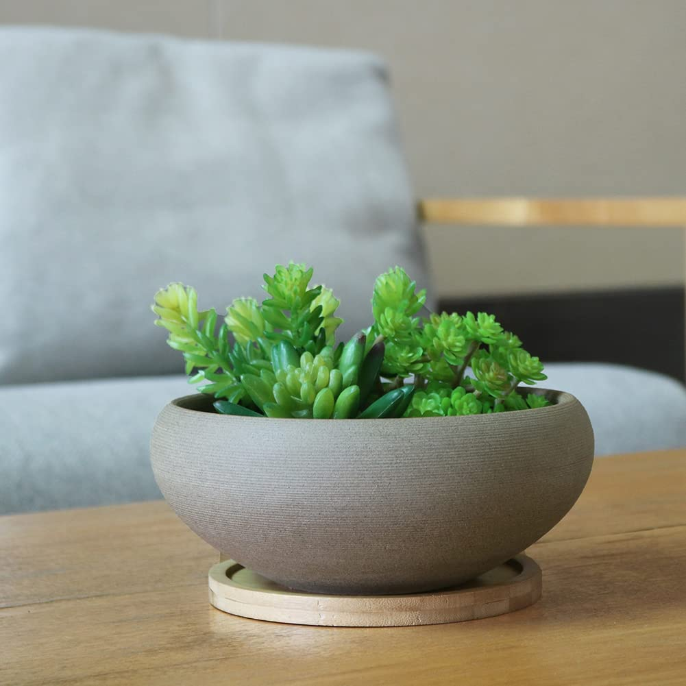 MUZHI round Unglazed Ceramic Bonsai Pot with Bamboo Tray, Large Rough Pottery Succulent Planter with Drainage Hole 8 Inch &hellip; image number 5
