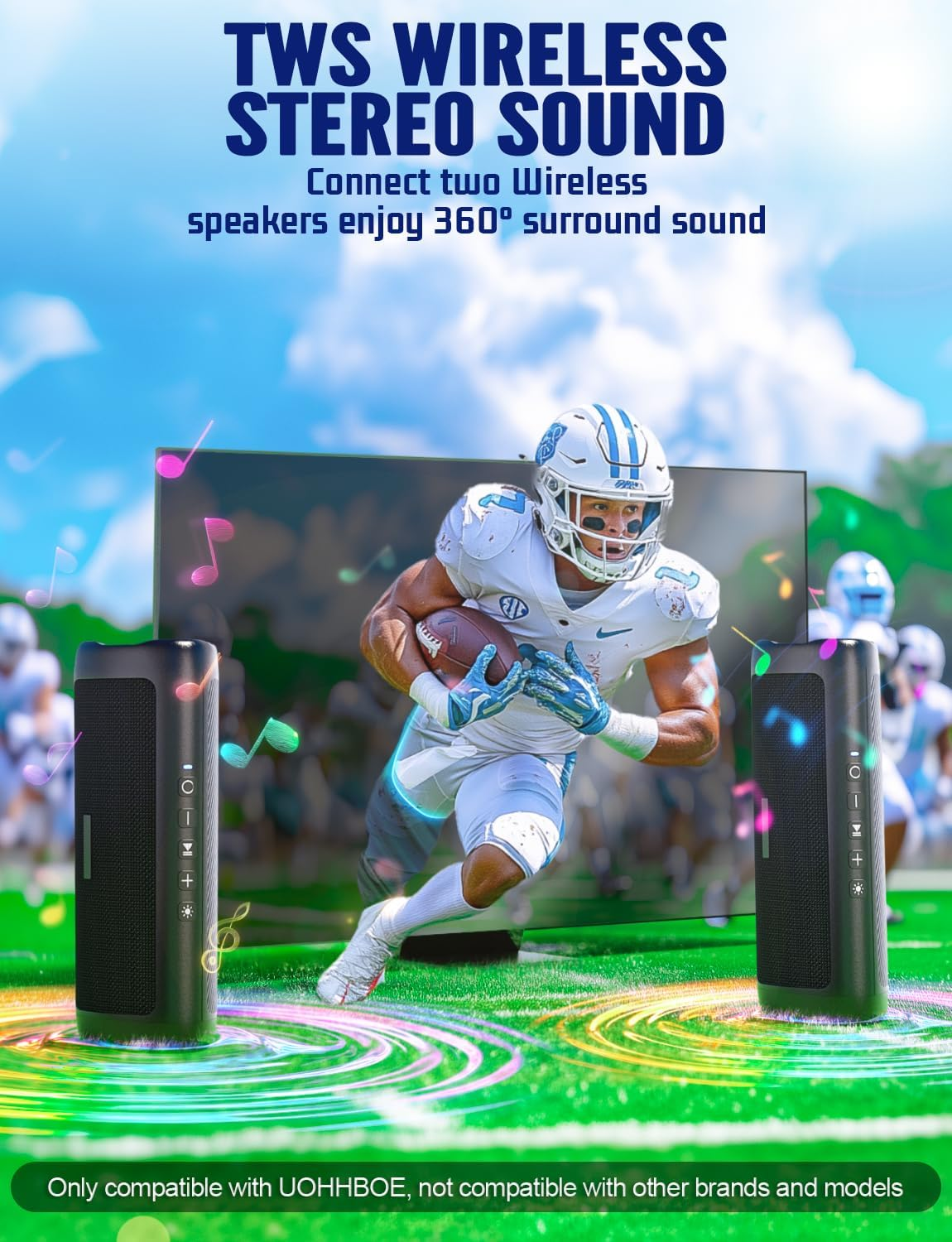 UOHHBOE Portable Bluetooth Speaker IPX5 Waterproof Bluetooth Speaker Bluetooth 5.3 with TWS Stereo RGB Lights 24 Hours Running Time 30M Wireless Range Hands-Free Function