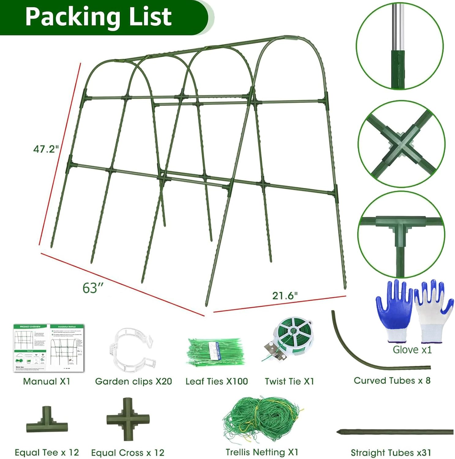 Cucumber Trellis,Garden Trellis for Climbing Plants,63" X 47" Metal Detachable Arch Trellis with Netting for Vegetables, Plant Support for Tomato,Pea,Zucchini,Squash image number 1
