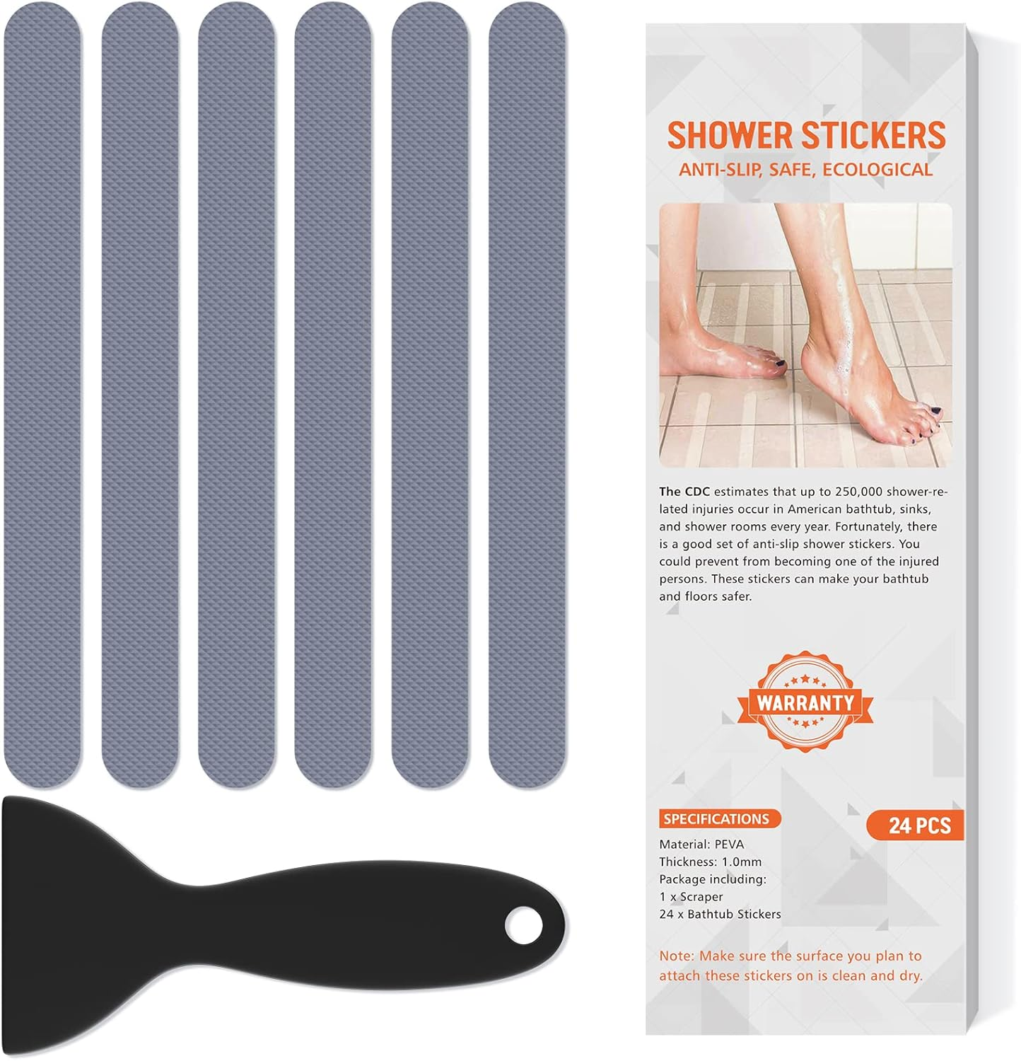 Non Slip Bathtub Stickers, 24 PCS Shower Stickers for Safety Bathroom Tubs, Bathtub Non Slip Stickers and Adhesive Decals Scraper for Bath Tub, Shower Floor, Stairs, Ladders(Clear)