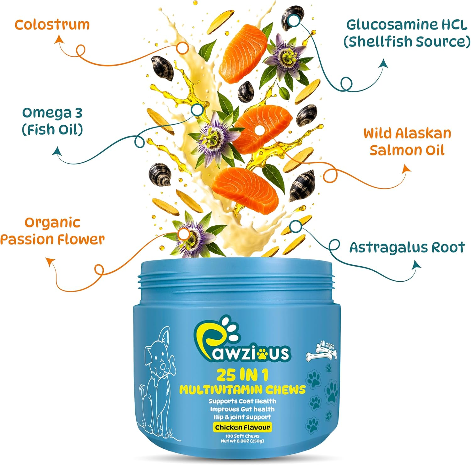 25 in 1 Multivitamins for Dogs, Dog Supplements, Minerals with Omega 3 Fish Oil, Glucosamine, Chondrian & Zinc for Joints, Digestion, Heart, Skin & Coat Care, (100 Soft Chews - Chicken Flavor) image number 1