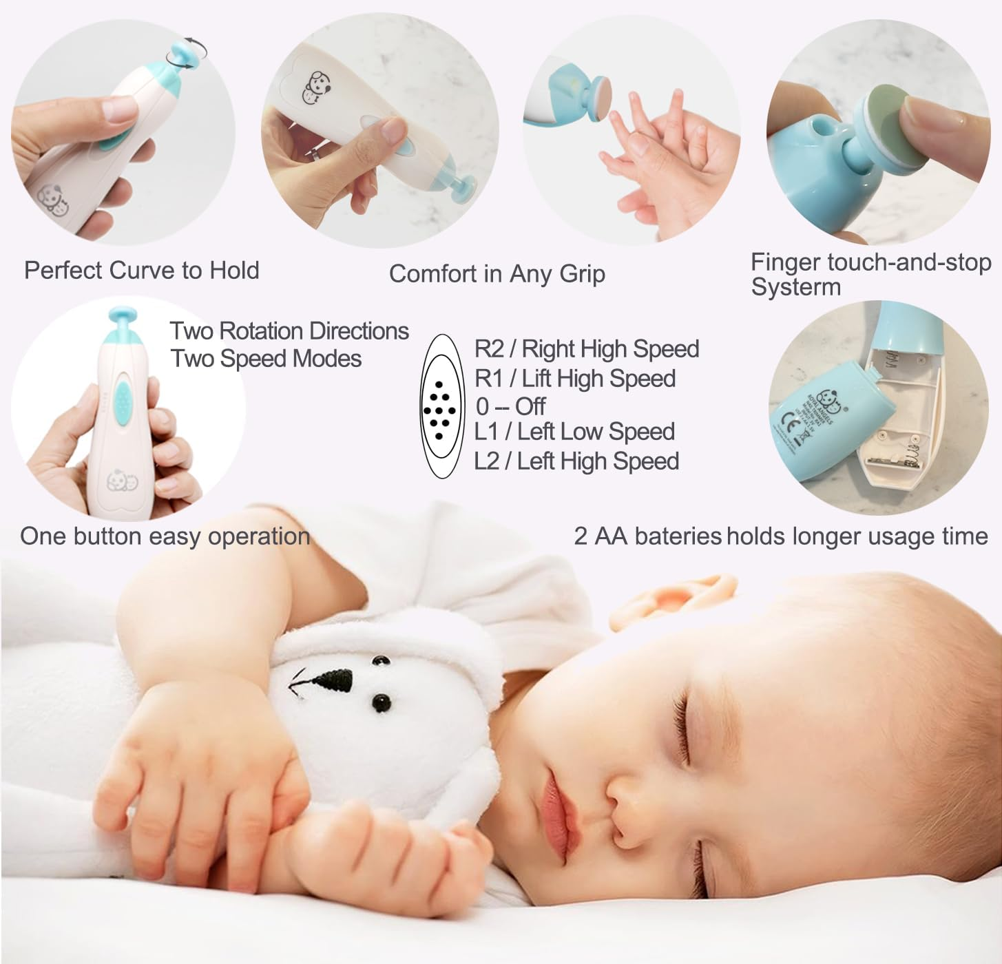 Baby Nail Trimmer 6 in 1, Royal Angels Baby Electric Nail File, Baby Grooming Kit Manicure Set for Toddler and Adults, Newborn Toddler Toes & Fingernails Nail Care Kit (Babyblue) image number 5