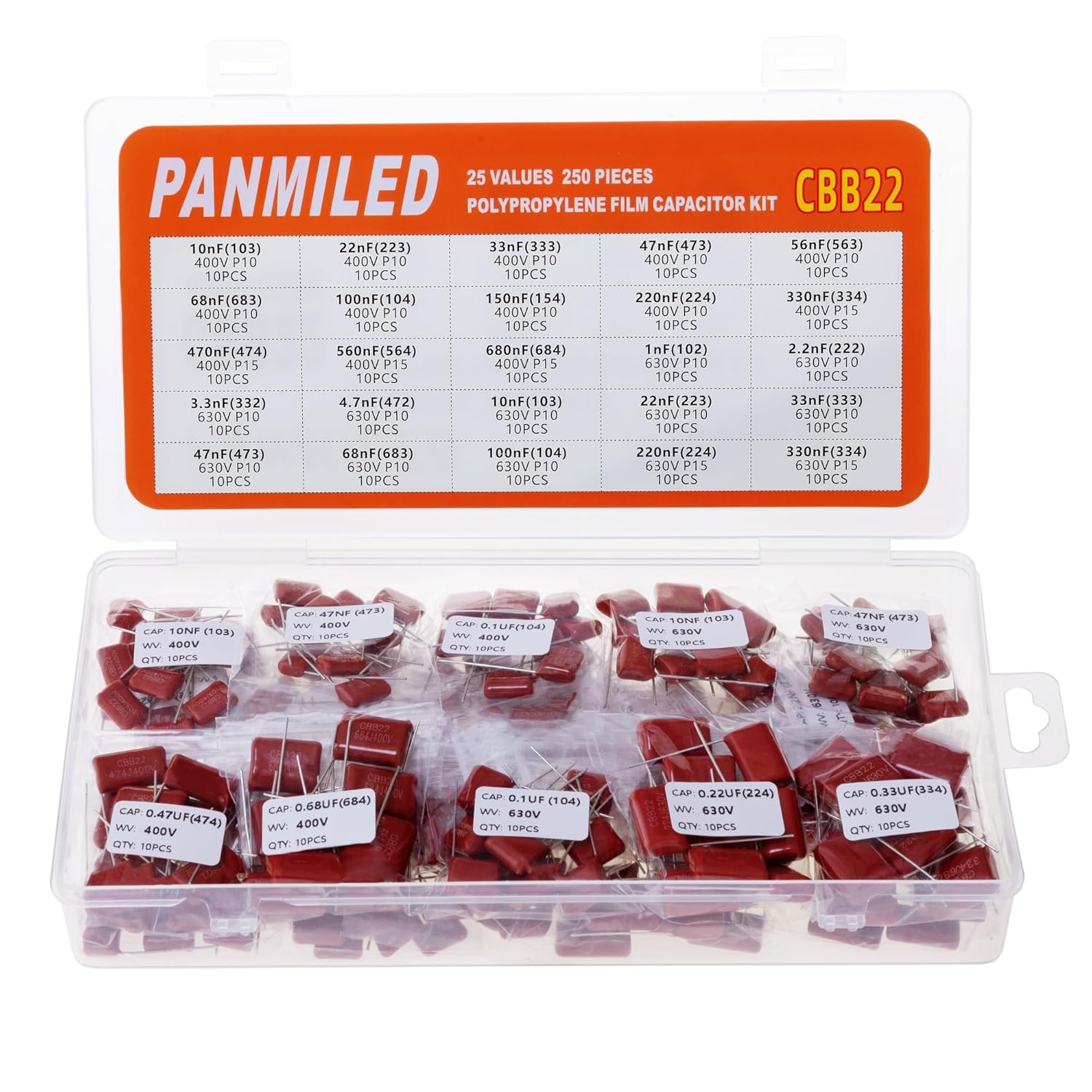 PANMILED 25 Values 250 Pieces Metallized Polypropylene Film Capacitor Kit 400V (0.01Uf ~ 0.68Uf) and 630V (0.001Uf ~ 0.33Uf) CBB22 Polyester Capacitor Assortment Kit