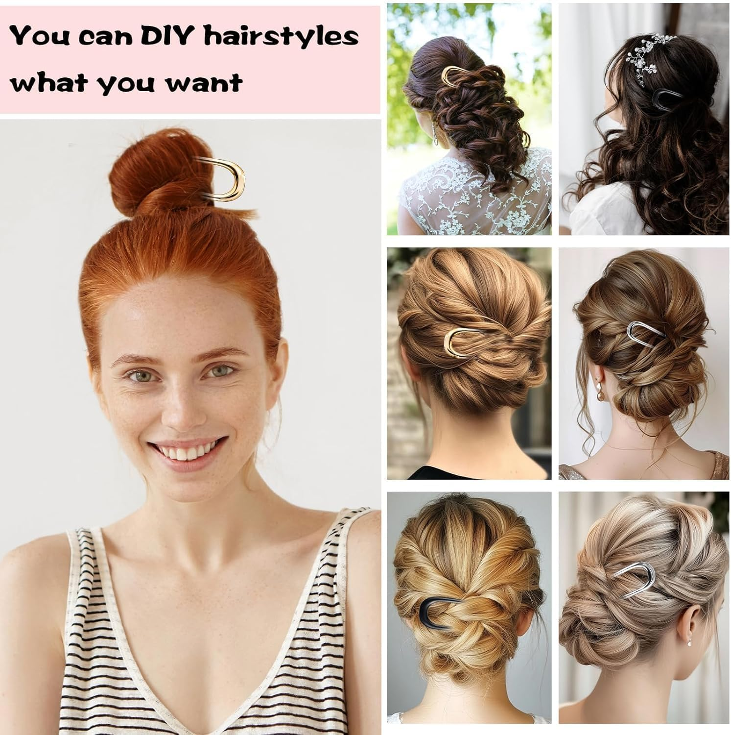 Heanvmyss French Hair Pin, Pack of 3 14 Cm U-Shaped French Twist Hair Pins, Metal Hair Pins, Large, Stylish Vintage Hair Fork, Hair Clips for Women, Girls (Gold + Silver + Black) image number 2