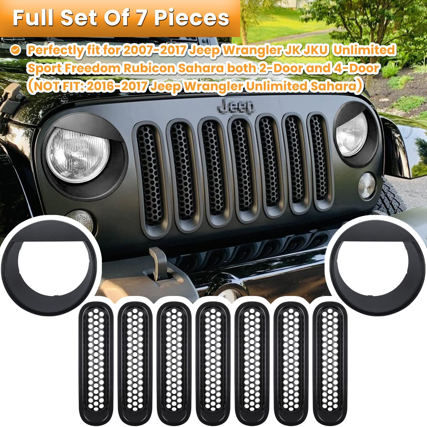 E-Cowlboy Front Grille Mesh Inserts & Headlight Cover for Jeep Wrangler JK JKU 2007~2017【Upgrade Matte Black Clip-On Version】 - Green image number 7