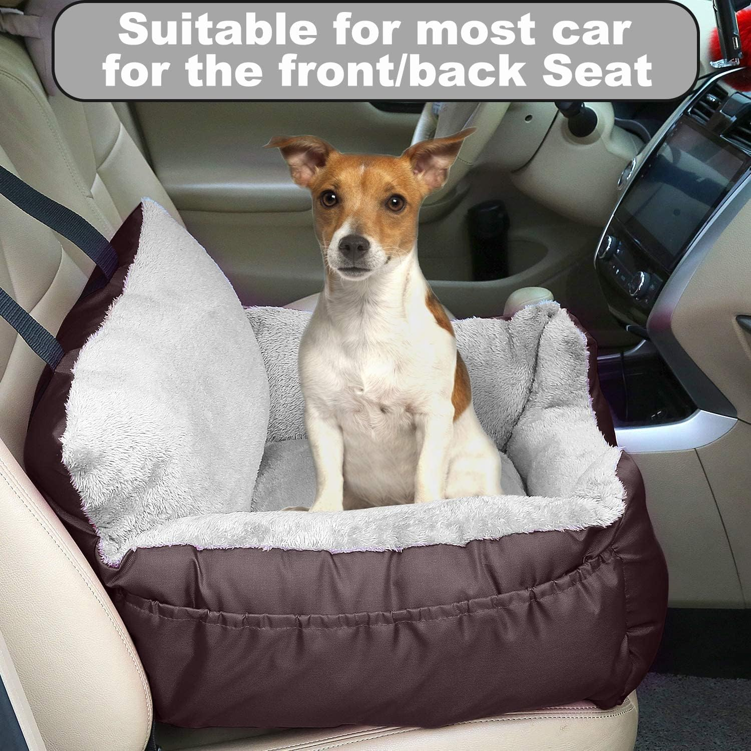 Utotol Dog Car Seat with Safety Belt, Washable Booster for Small Dogs, Anti-Slip Travel Bed for Front or Back Seat, Adjustable Buckle, Storage Pockets image number 1