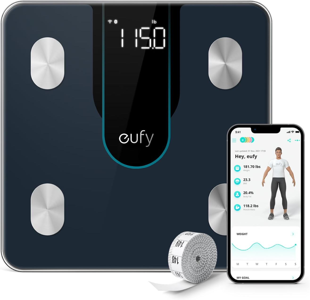 Eufy Smart Scale P2, Digital Bathroom Scale with Wi-Fi, Bluetooth, 15 Measurements Including Weight, Body Fat, BMI, Muscle & Bone Mass, 3D Virtual Body Mod, 50 G/0.1 Lb High Accuracy, IPX5 Waterproof image number 2