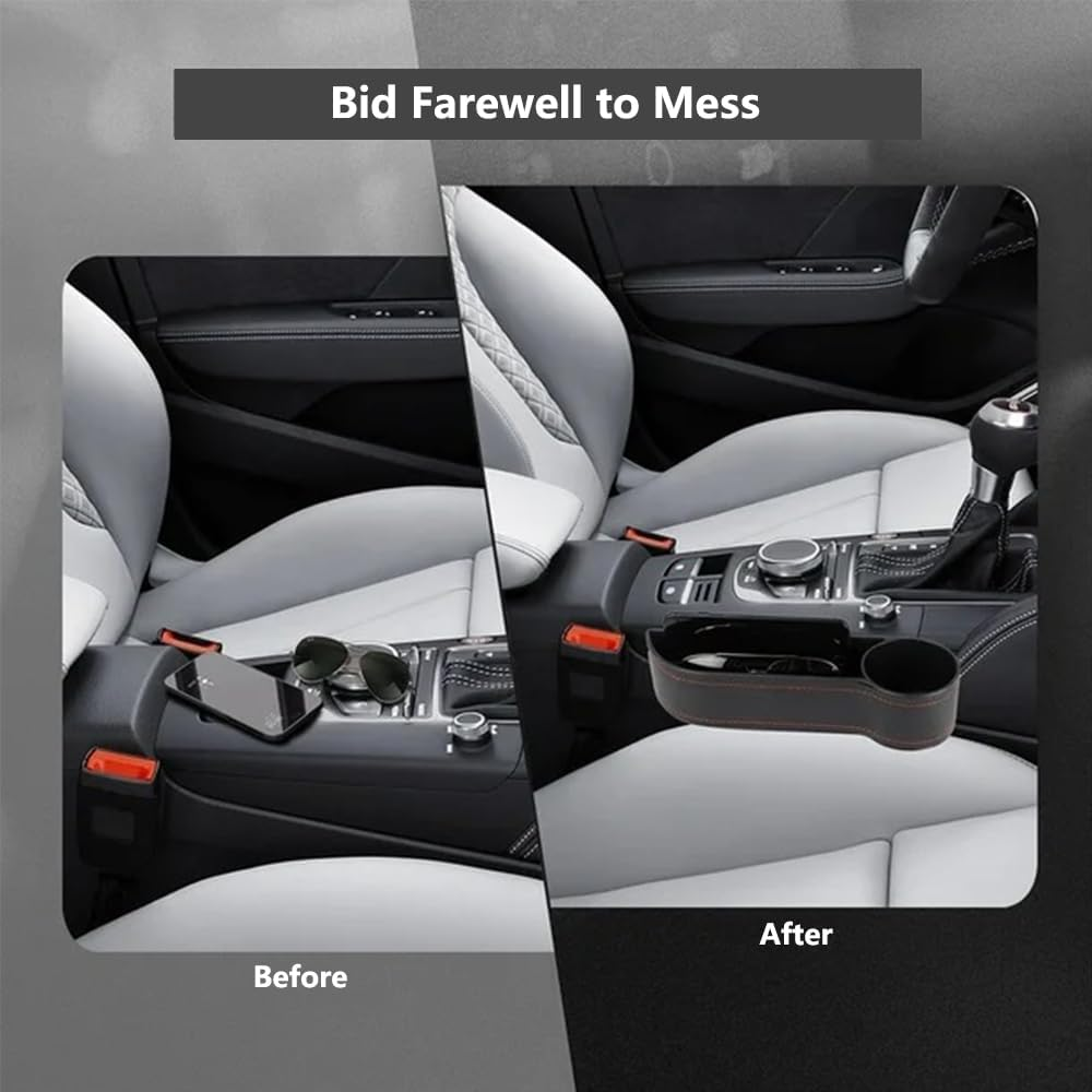2 Pack Car Seat Gap Filler Organizer with Cup Holders &ndash; PU Leather Car Seat Side Console Storage Box for Phone, Keys, Drinks &ndash; Front Seat Organizer for Driver & Passenger image number 2