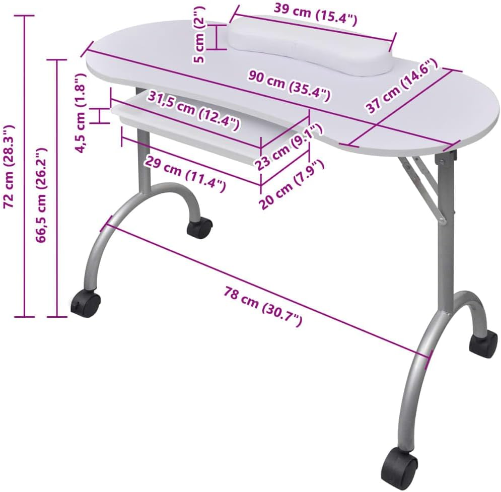 Vidaxl Professional Portable Manicure Table with Wrist Cushion, Pull-Out Drawer, Lockable Castors and Carrying Bag - White - Black image number 2