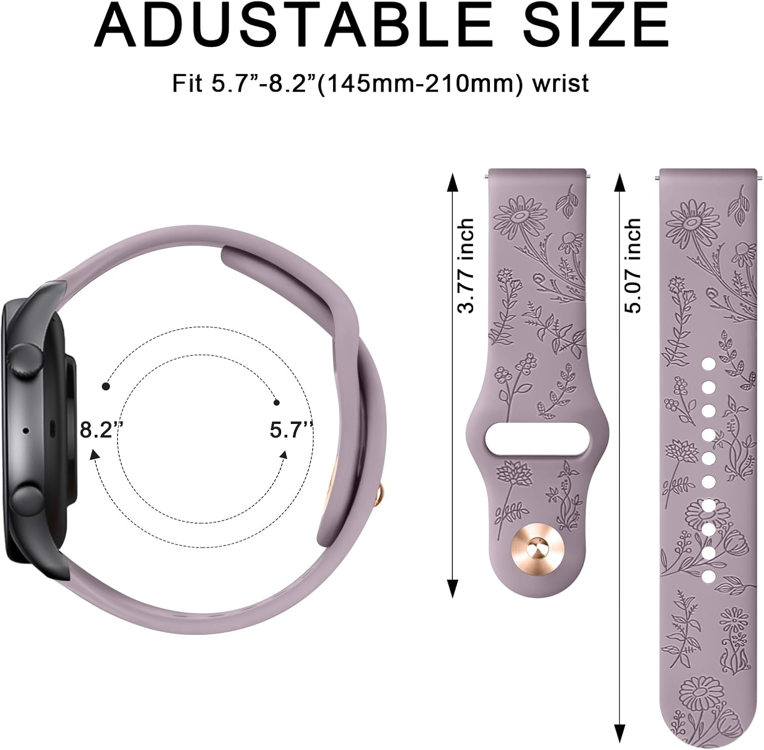 Floral Engraved Bands Compatible with Garmin Vivoactive 6/Vivoactive 5/3/3 Music,20Mm Soft Silicone Flower Pattern Sport Replacement Bands for Garmin Venu Sq/Venu Sq 2/Venu/Forerunner 165/55/245/245 - Black/Blue Gray/Olive Green image number 5