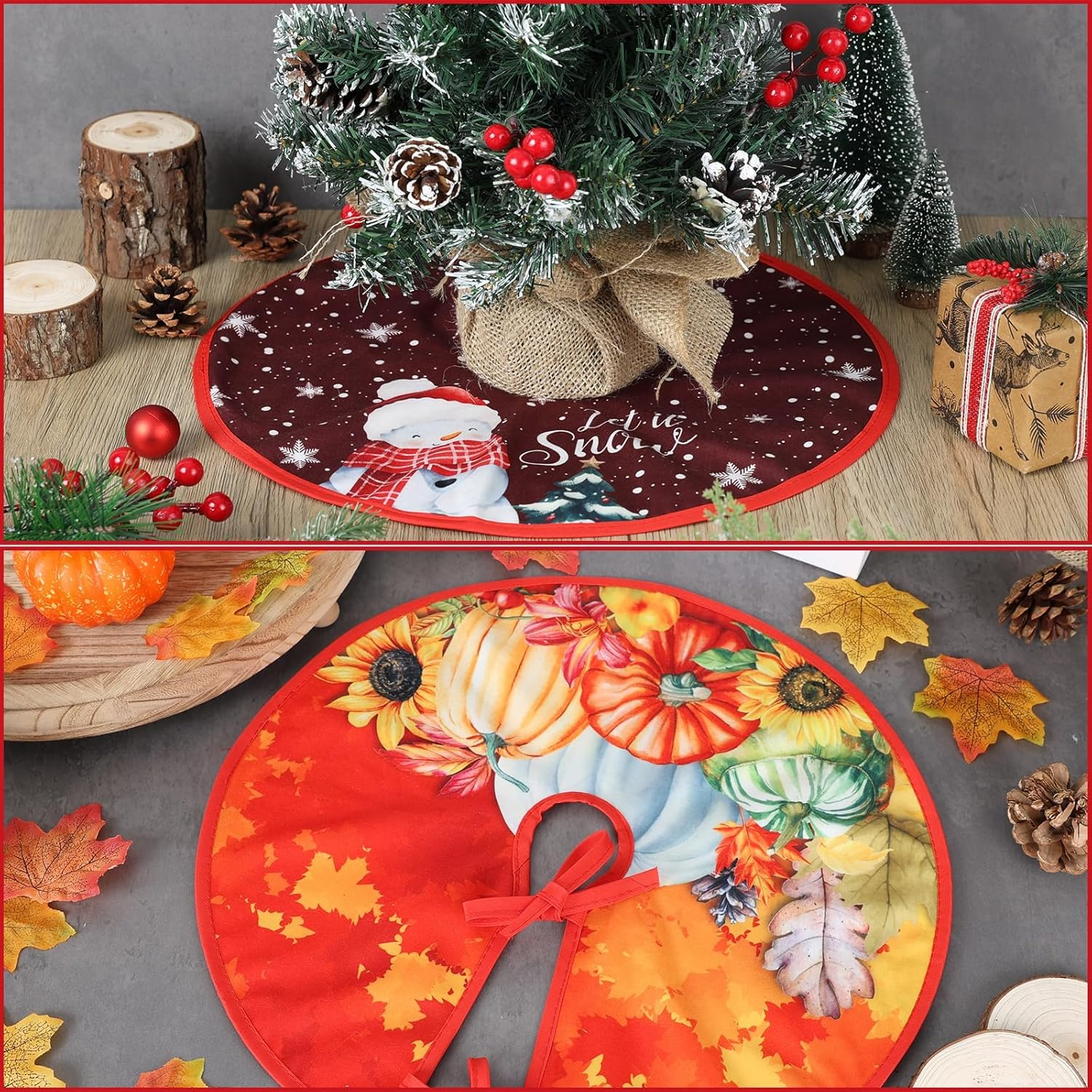 Easter Day Tree Skirt Independence Day 36 Inch Reversible Easter Double Sided Print Mat Christmas Party Supplies for Home Tabletop Trees Holiday Decoration (15 Inch Fall/Christmas) image number 5