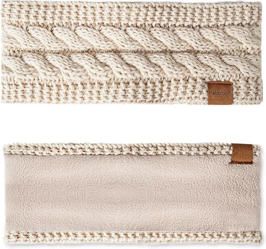 Hatromm Winter Headbands for Women Wool 2 Pack, Ear Warmers for Women Headband Knit Thick Fleece Lined(Black+White) - Black+Army image number 7