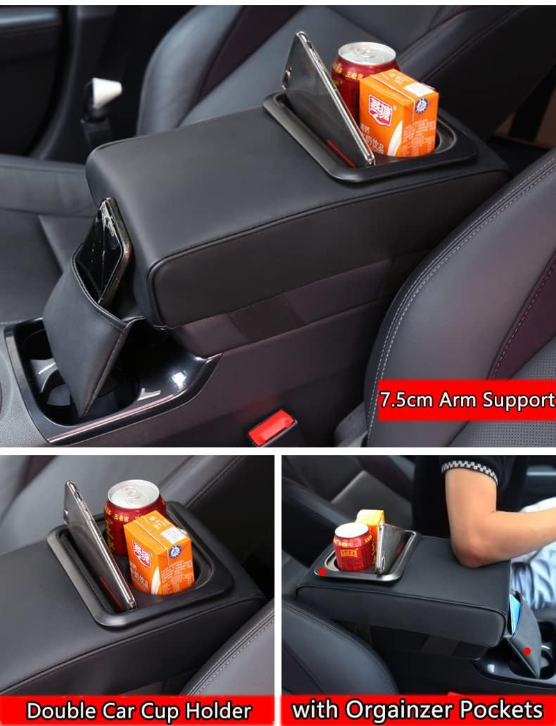 Car Armrest Box Cushion with Phone & Cup Holder, Universal Leather Center Console Armrest Cover Memory Foam Pillow with Bling Coaster, Auto Arm Rest Support Cushion Protector Interior Accessories