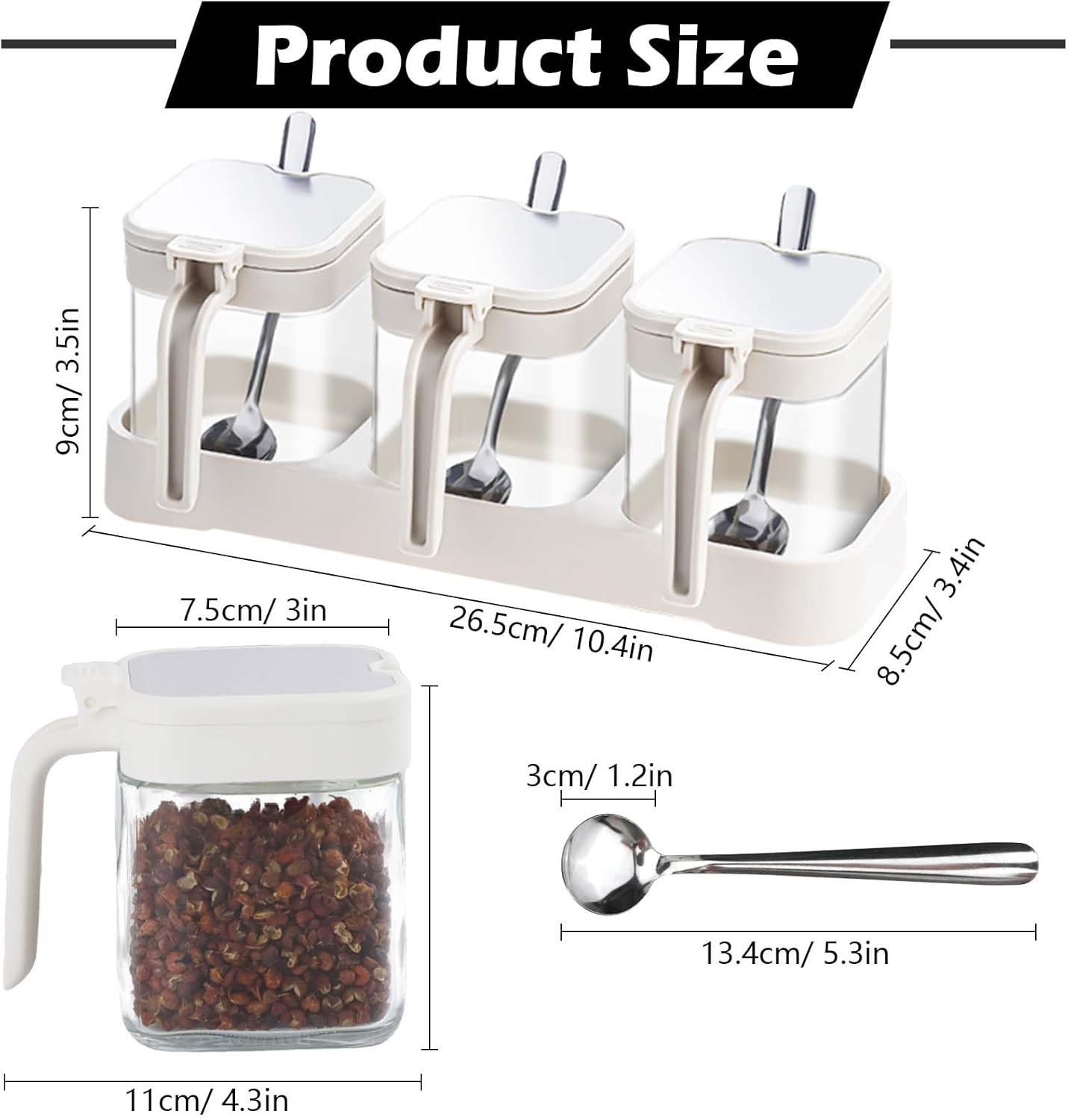 DIYJEP Pack of 3 Spice Jars with Stainless Steel Spoon, Flour Sugar Salt Storage, Glass Square Spice Containers with Lid and Base, Storage Jars, Salt Jar, Spice Box for Kitchen, Seasoning, Tea (White) image number 6