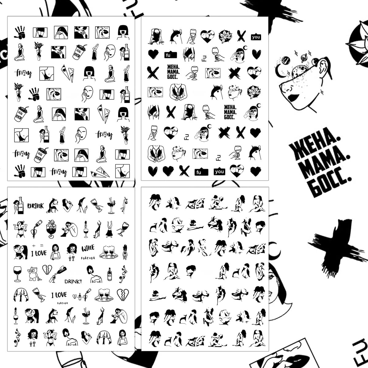 8 Sheets Bad Girl Nail Art Stickers 3D Self Adhesive Stickers Abstract Black White Design Nail Art Supplies Sexy Girls Nail Stickers for Women Girls Graffiti Fun Nail Decoration DIY Manicure Tips image number 4