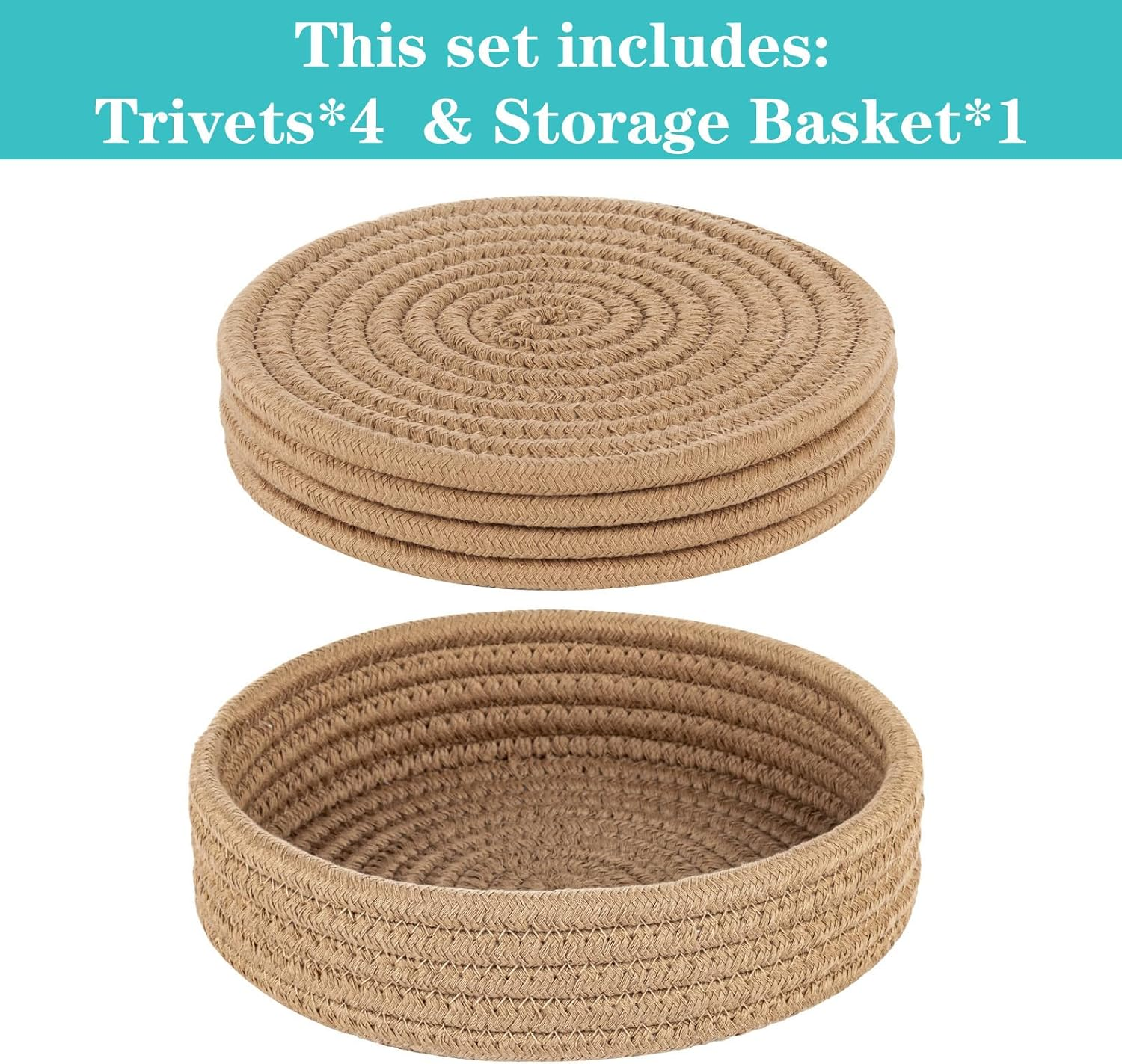 Trivets for Hot Dishes, Trivets for Hot Pots and Pans, Heat Resistant Hot Pads with Storage Basket, Pot Holders for Kitchen, Home Essentials, Farmhouse Decor (Khaki 4 PCS) - Blue image number 6