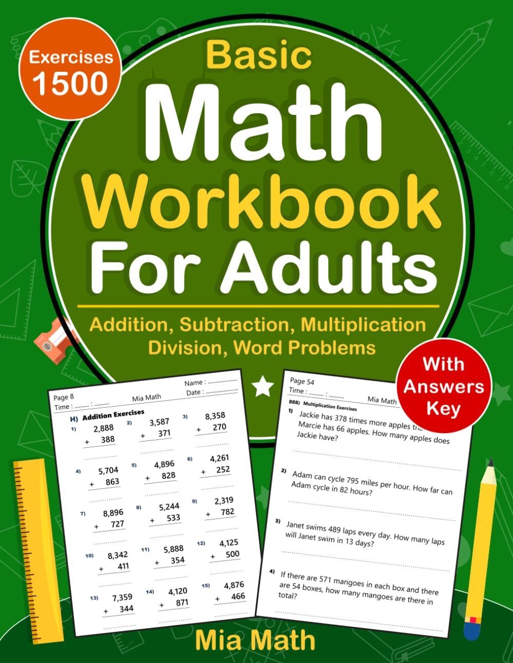 Basic Math Workbook for Adults with Addition, Subtraction, Multiplication, Division, Word Problems: Daily Math Practice Workbook for Adults with 1500 ... for Adults | Math Worksheets for Adults image number 1