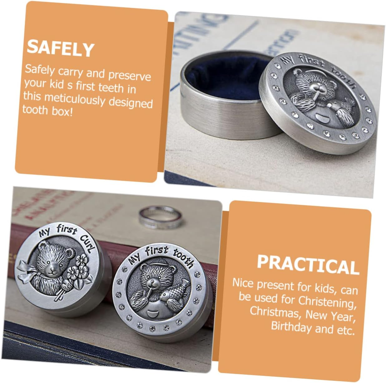 ERINGOGO Baby Tooth Keepsake Box for Kids Metal First Tooth Holder Unique Keepsake Container for Newborns Vintage Style Boys and Girls image number 3