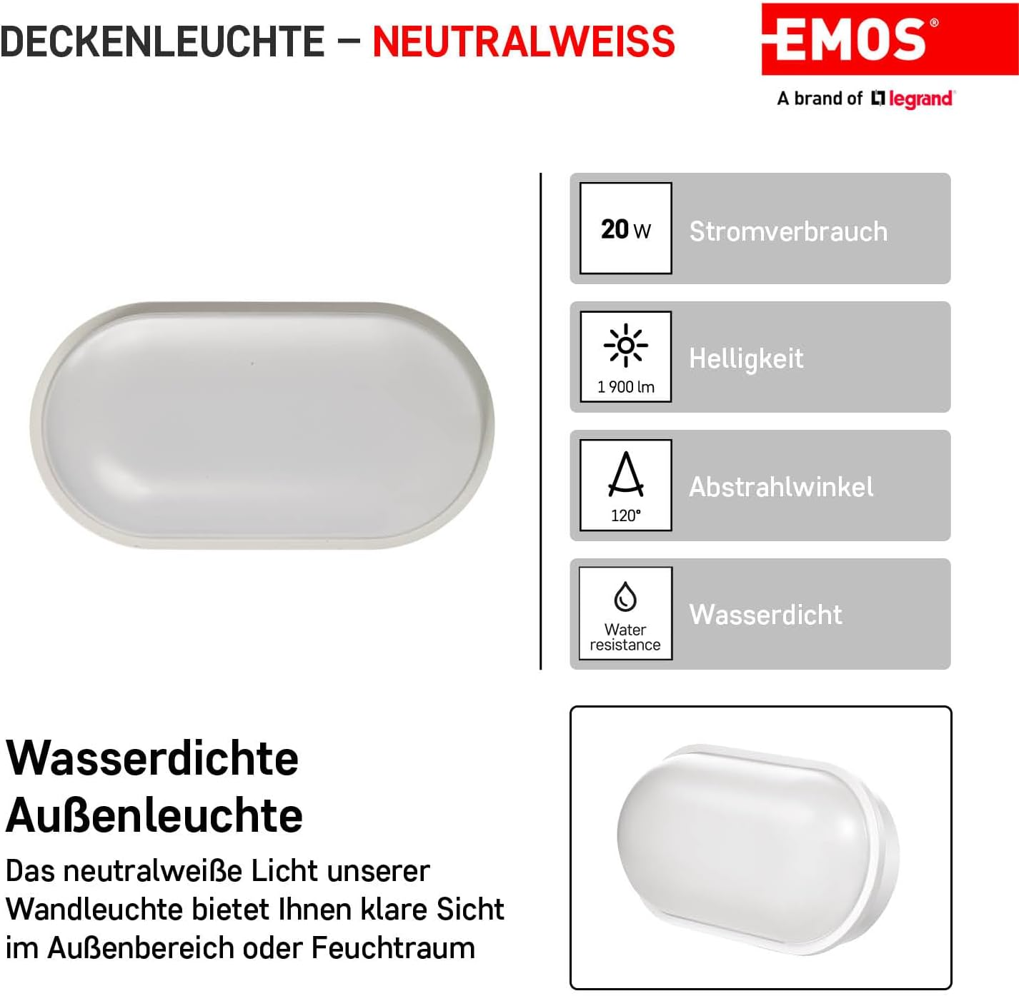 EMOS ZM3020 LED Wall Light and Ceiling Light 20 W Oval IP65 Waterproof 1600 Lm Oval Light Outdoor Light for Balcony, Basement, Garage, Outdoor, Neutral White 4000K, 27 X 14.5 Cm image number 4