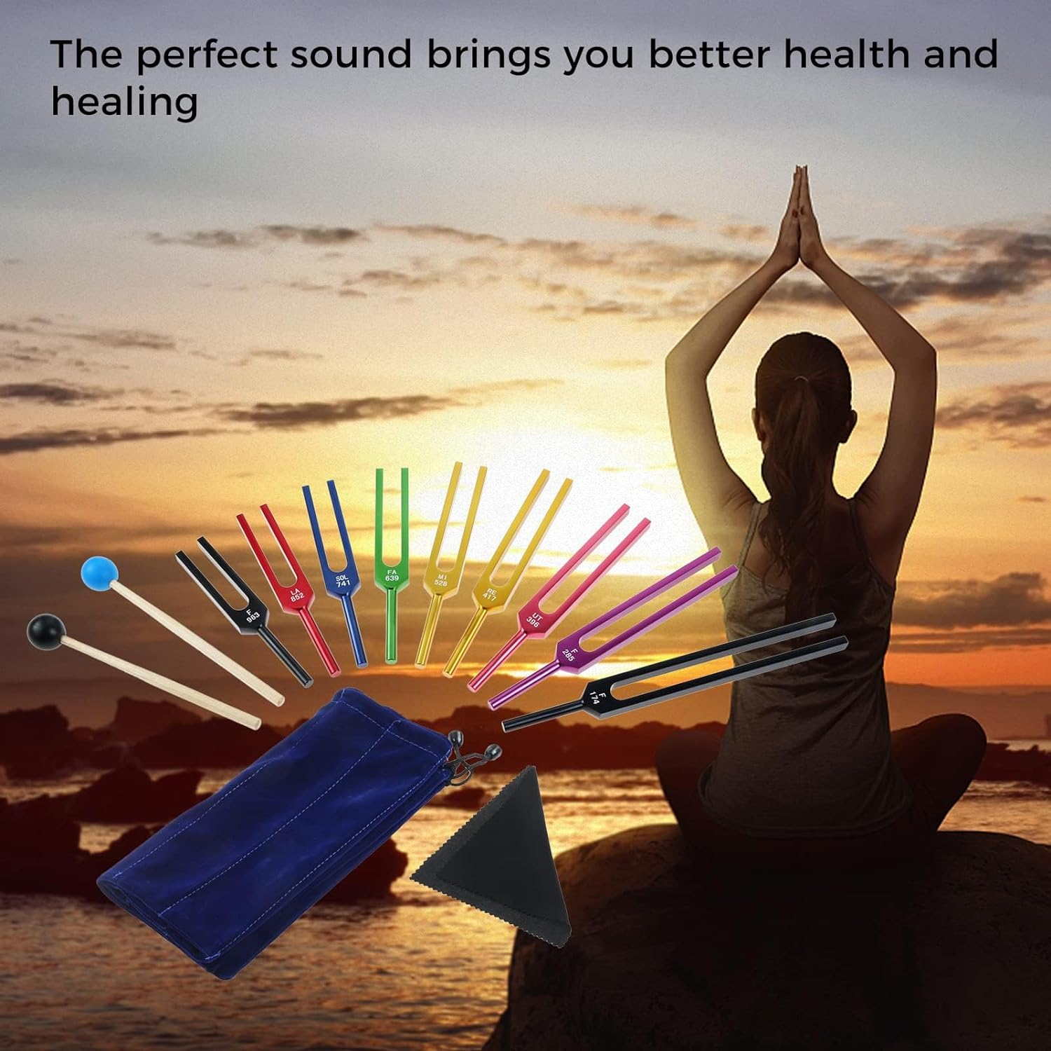 Solfeggio Tuning Fork Set for Healing, Vibration, Sound Therapy, 9 PCS Color Tuning Forks for with 2 PCS Silicone Hammers, Storage Bag(174Hz, 285Hz, 396Hz, 417Hz, 528Hz, 639Hz, 741Hz, 852Hz, 963Hz) image number 3