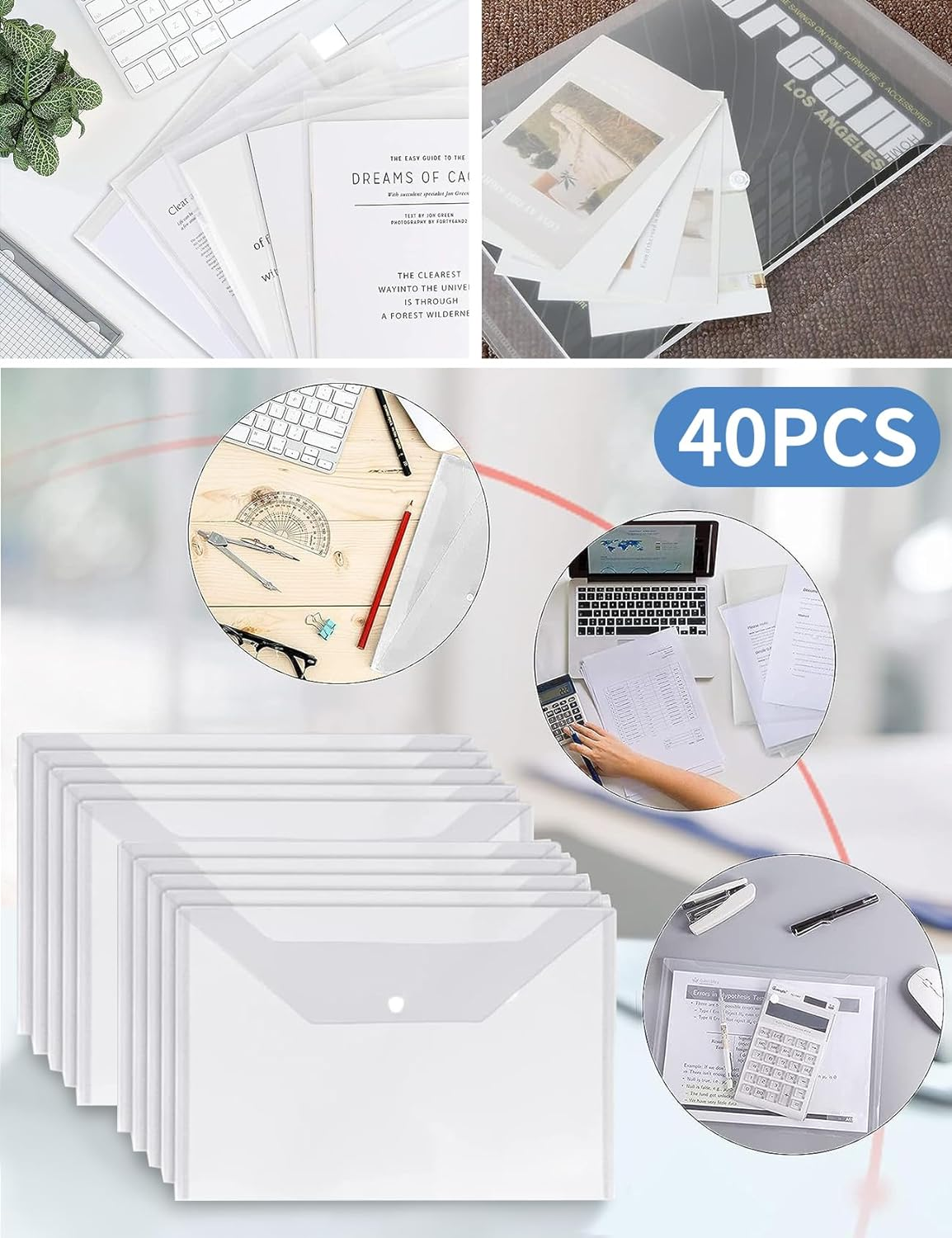 40 Pcs A4 Document Envelope Folders, Clear Letter Size Folders, Snap Closure File Bags, Waterproof Plastic Document Stationery, Envelope Document Organizers Folder for School Home Office Supplies (40) image number 6
