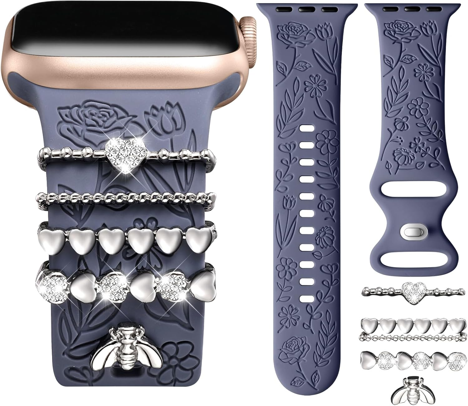Witzon Flower Engraved Band Compatible with Apple Watch Bands 38Mm 40Mm 41Mm for Women, Soft Silicone Sport Band with Decorative Apple Watch Charms for Iwatch Series 9 8 7 6 5 4 3 2 1 SE (With Band)