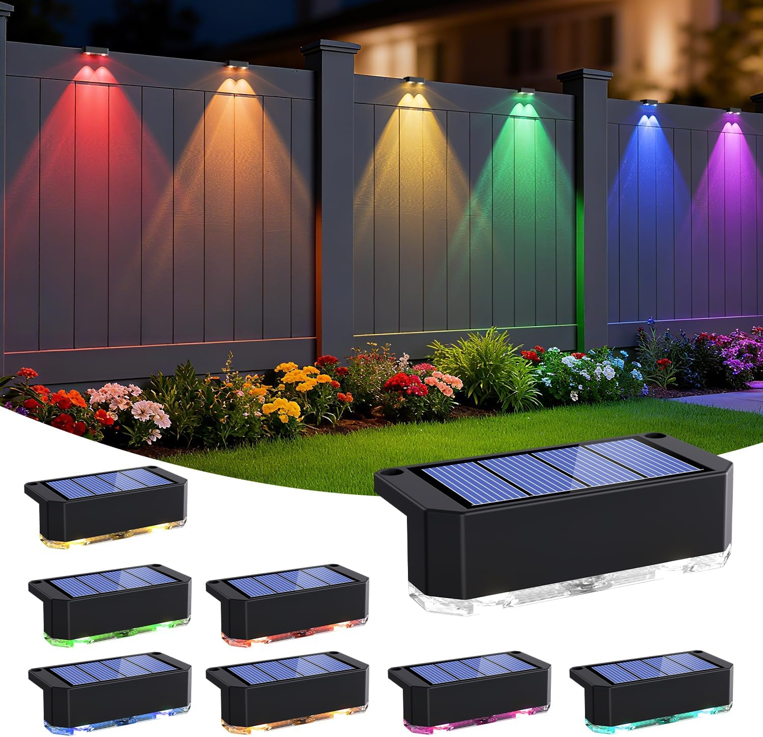Peasur Pack of 8 RGB Solar Lights for Outdoors, Solar Fence Lights, Outdoor Light, Waterproof Solar Light Fence, Solar Wall Light Outdoor for Steps, Patio, Stairs, Balcony image number 5