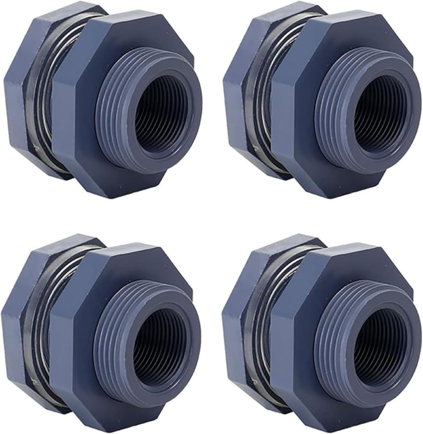 PVC Bulkhead Water Tank Connector Adapter, 4Pcs Bulkhead Fitting Water Tank Connector PVC Threaded Fitting Adapter,Plastic Bulkheads Fittings for Rain Barrels image number 5