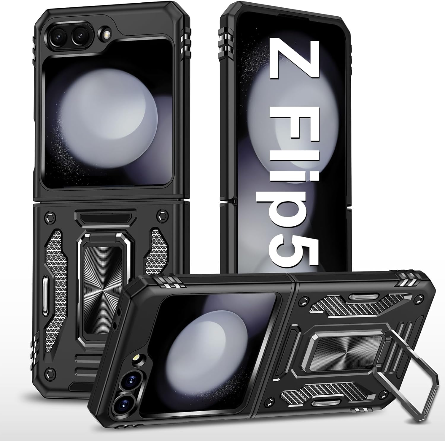 Mobile Phone Case for Samsung Galaxy Z Flip 5 Case with Slide Camera with Camera Protection Galaxy Z Flip 5 Protective Case 360&deg; Rotating Metal Ring Stand Shockproof for Samsung Z Flip 5 5G (Grey)