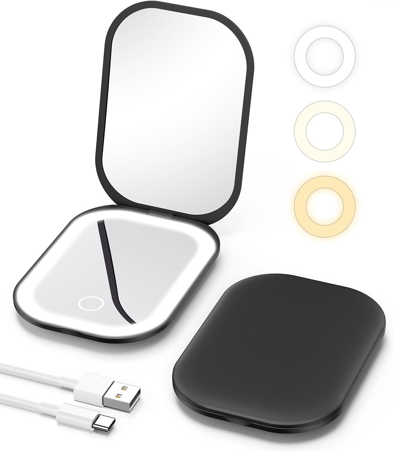 Gospire Lighted Travel Makeup Mirror with Light and Magnification, 3X Magnification Rechargeable Compact Mirror with Three-Color Adjustable Light, Led Mini Mirror for Purse - Pink