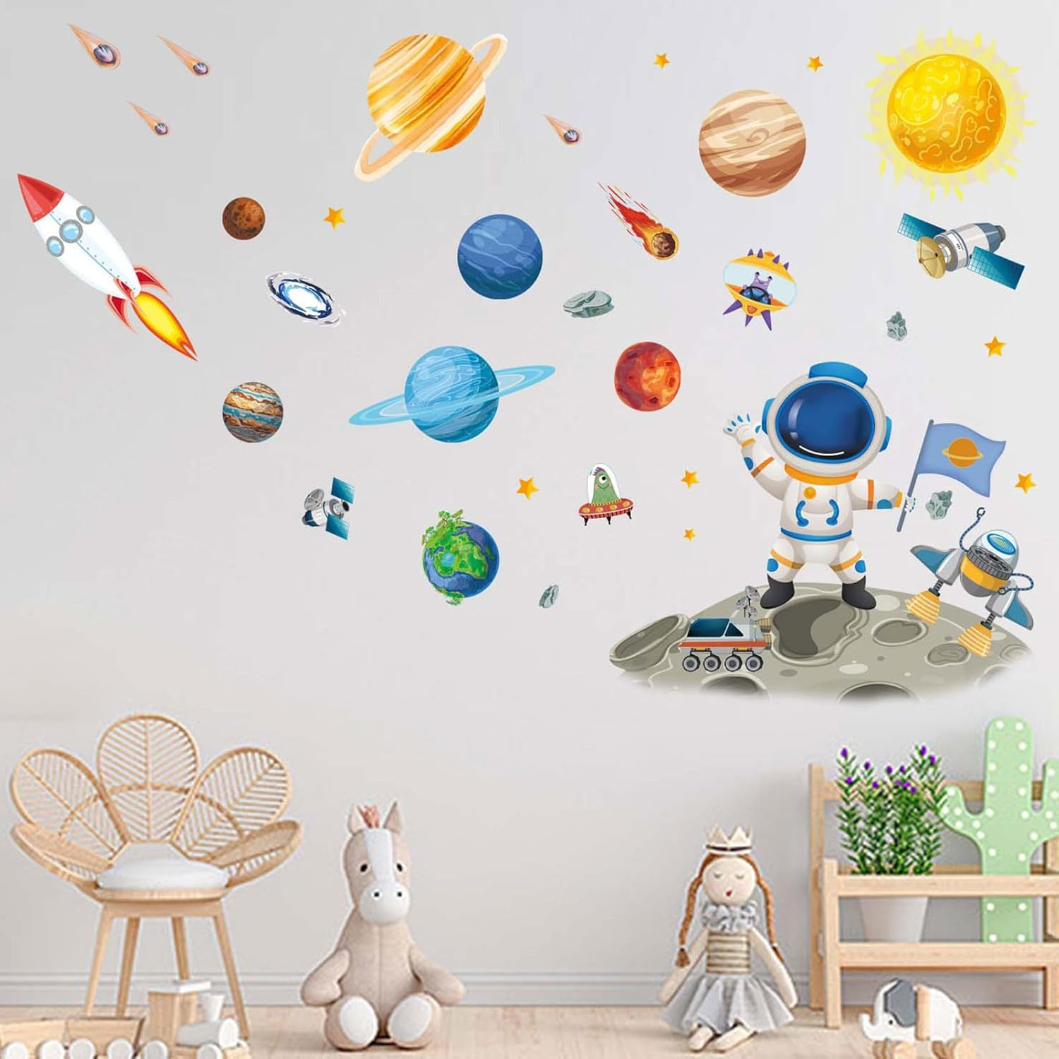 Outer Space Astronaut Wall Stickers - Planets Rocket Boys Wall Decals - Baby Nursery Kids Room Daycare Playroom Classroom Wall Decor image number 3