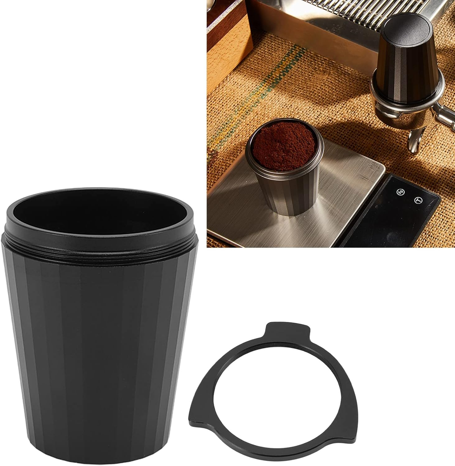 Ejoyous 54Mm Aluminum Alloy Coffee Dosing Cup (With Cup Ring) 2.13X2.76X1.61In Hanging Design, for Powder Catching Polished Inner Wall, Fits Most Espresso Machines Dishwasher Safe image number 1
