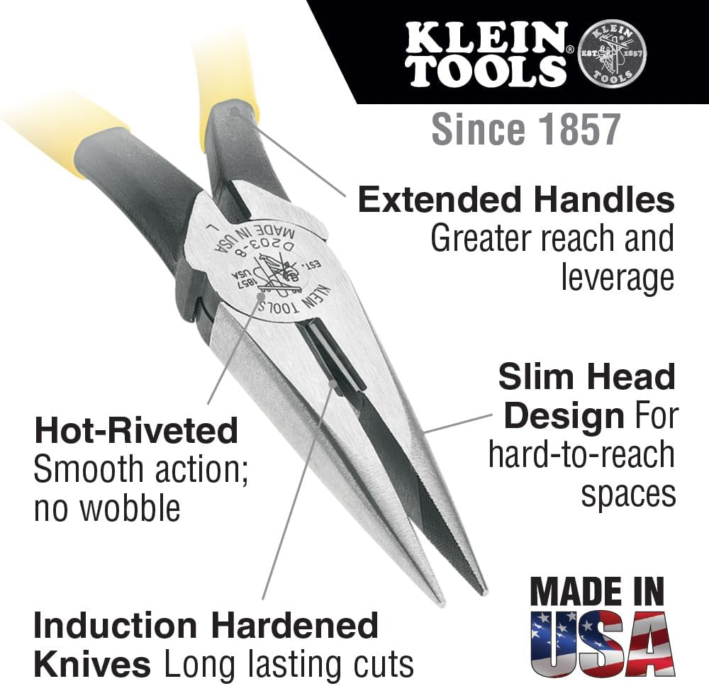 Klein Tools 8" Long Nose Pliers Side-Cutting, Hi-Viz, Glow in the Dark Grips to Easily Locate Your Tool in Dark or Low Lit Areas, D2038GLW image number 2