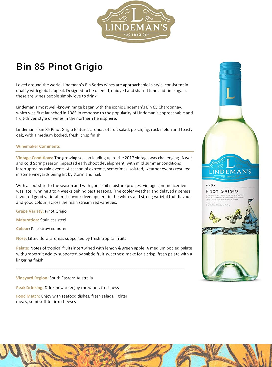 Lindeman'S Bin 85 Pinot Grigio White Wine 750Ml (Case of 6), 750 Ml (Pack of 6) image number 3