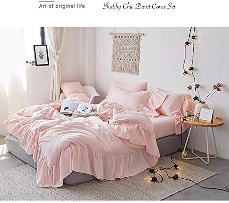 IHOUSTRIY Ruffle Duvet Cover Queen Size,100% Washed Microfiber 3Pcs Bedding Duvet Cover Set, Shabby Chic Farmhouse Duvet Cover and Pillow Shams, Zipper Closure & Corner Ties, Easy Care (Pink, Queen) image number 4