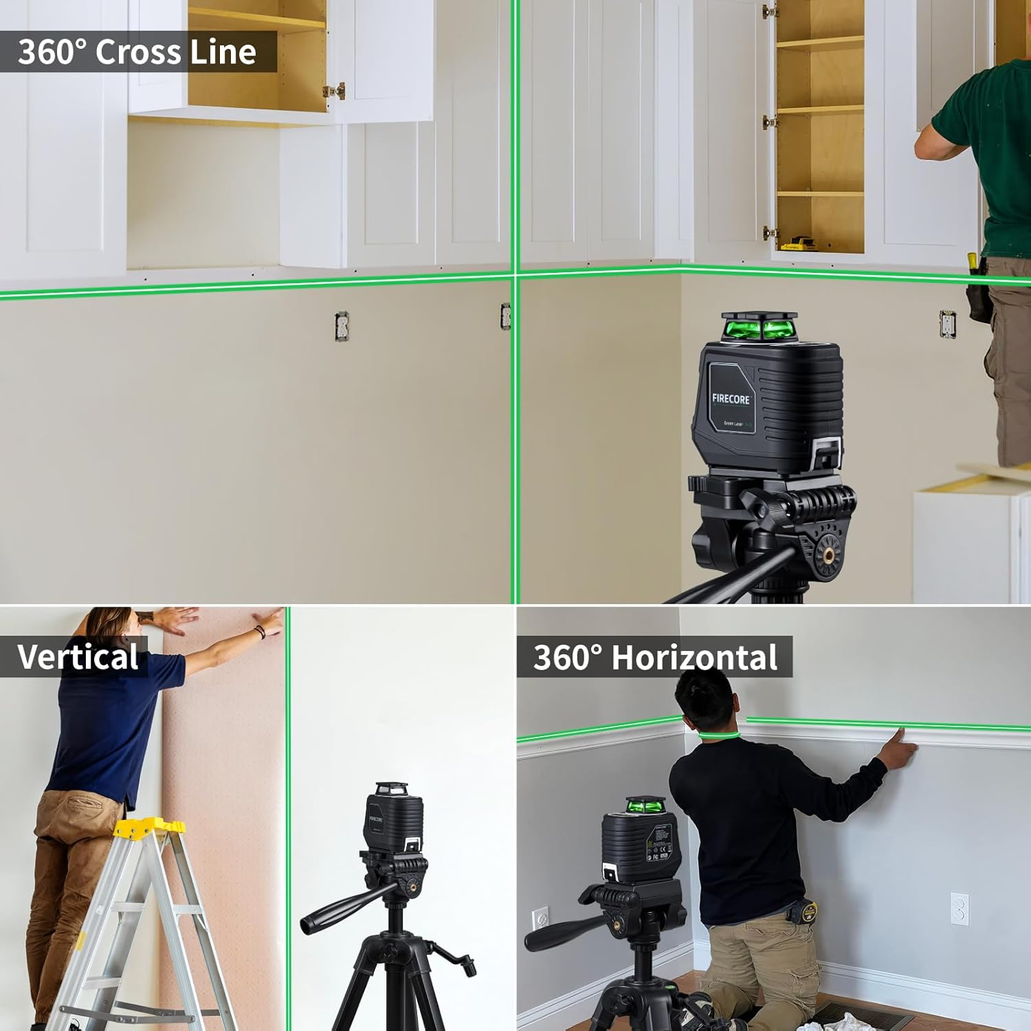 Firecore 360&deg; Laser Level with Tripod, 100Ft Self Leveling Laser Level Green Cross Line Laser Leveler Tool for Picture Hanging Wall Tile Floor Construction, 60" Compact Tripod & Carry Pouch Included image number 1