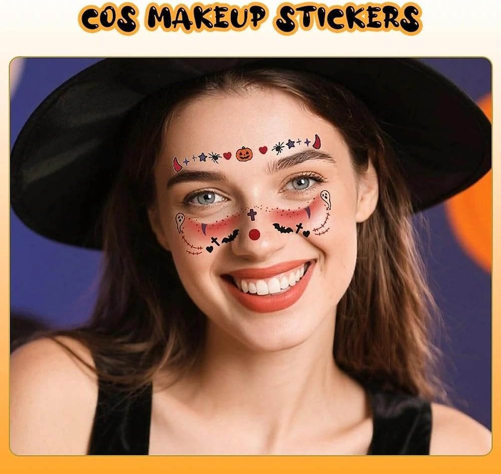 Halloween Face Stickers for Women Girls Cute Bat Skull Spider Pumpkin Temporary Face Tattoos for Day of the Dead Festival Halloween Party Vampire Gothic Masquerade Makeup Decorations 4Pcs - Pumpkin image number 6