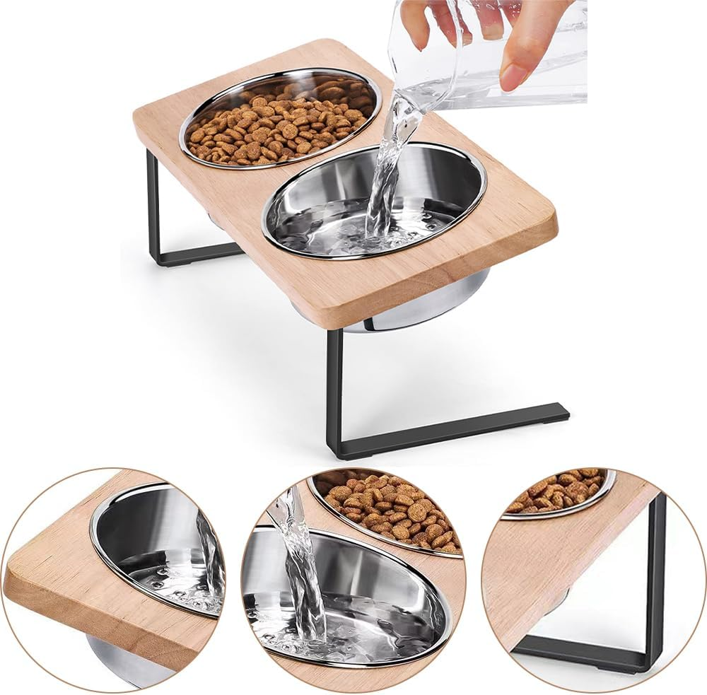 Elevated Cat Bowls with 2 Holder, Portable Pet Bowl Holder, Pet Bowls Stand, Raised Food Feeding Dishes, Bowl Holder Suitable for Medium Large Animals (Wood, 30&times;15&times;16 CM) image number 2