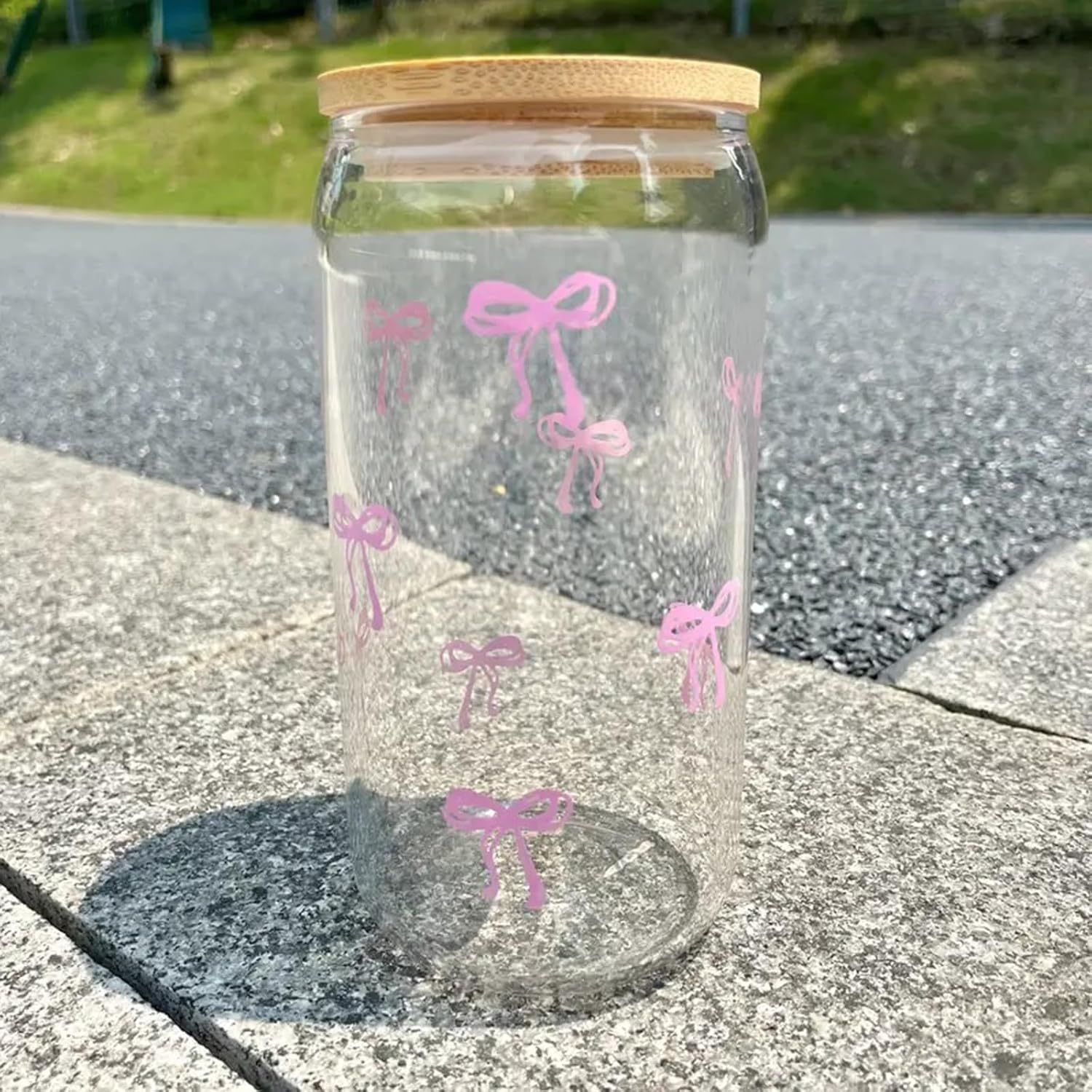 Pink Bow Tumbler with Straw and Lid Aesthetic Glass Cups Iced Coffee Cup Pink Cute Glass Cups 17Oz Tumbler Smoothie, Gifts for Girls Women Friends, 520Ml image number 5