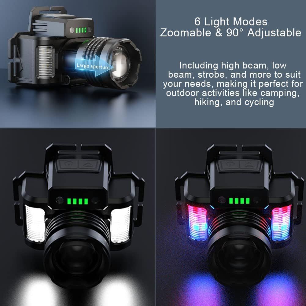 Super Bright Headlamp, Rechargeable LED Head Torch with 6 Light Modes & Motion Sensor, Zoomable Waterproof Headlight for Camping, Hiking, Outdoors, Hunting, Running image number 4