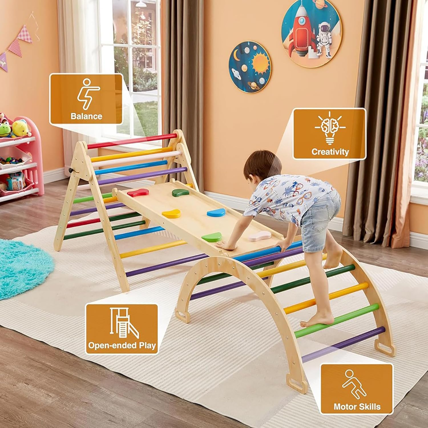 Jeonz Foldable Wooden Climbing Frame Toys for Toddler, Pikler Triangle Set image number 2