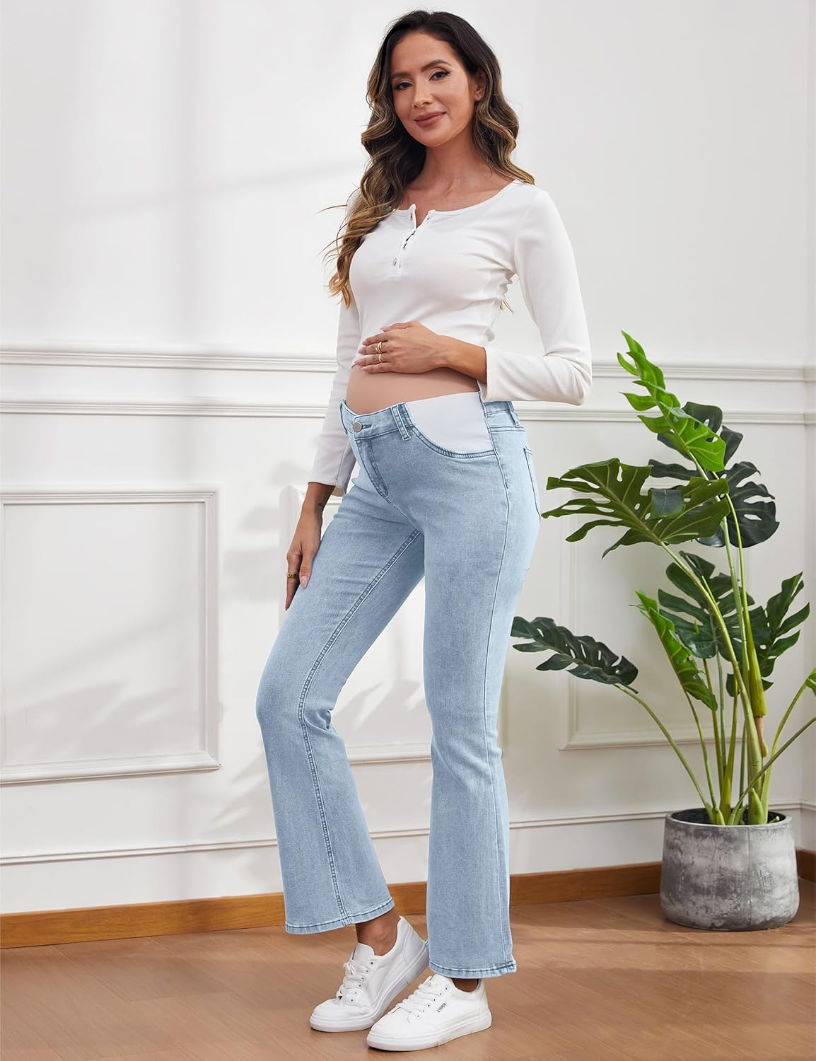 Maternity Jeans for Women Pregnancy Bootcut Jeans Mid-Rise Flare Denim Maternity Pants with Pockets