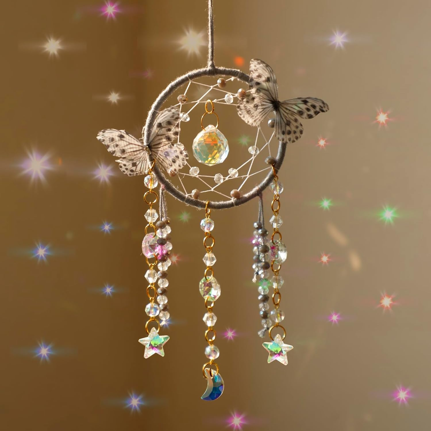 Artilady Dream Catcher for Girls - White Butterfly Small Moon Dream Catchers with Crystals Cute Room Decor for Teen Girls Boys Boho Bedroom Wall Home Decorations Birthday Christmas Women Gifts