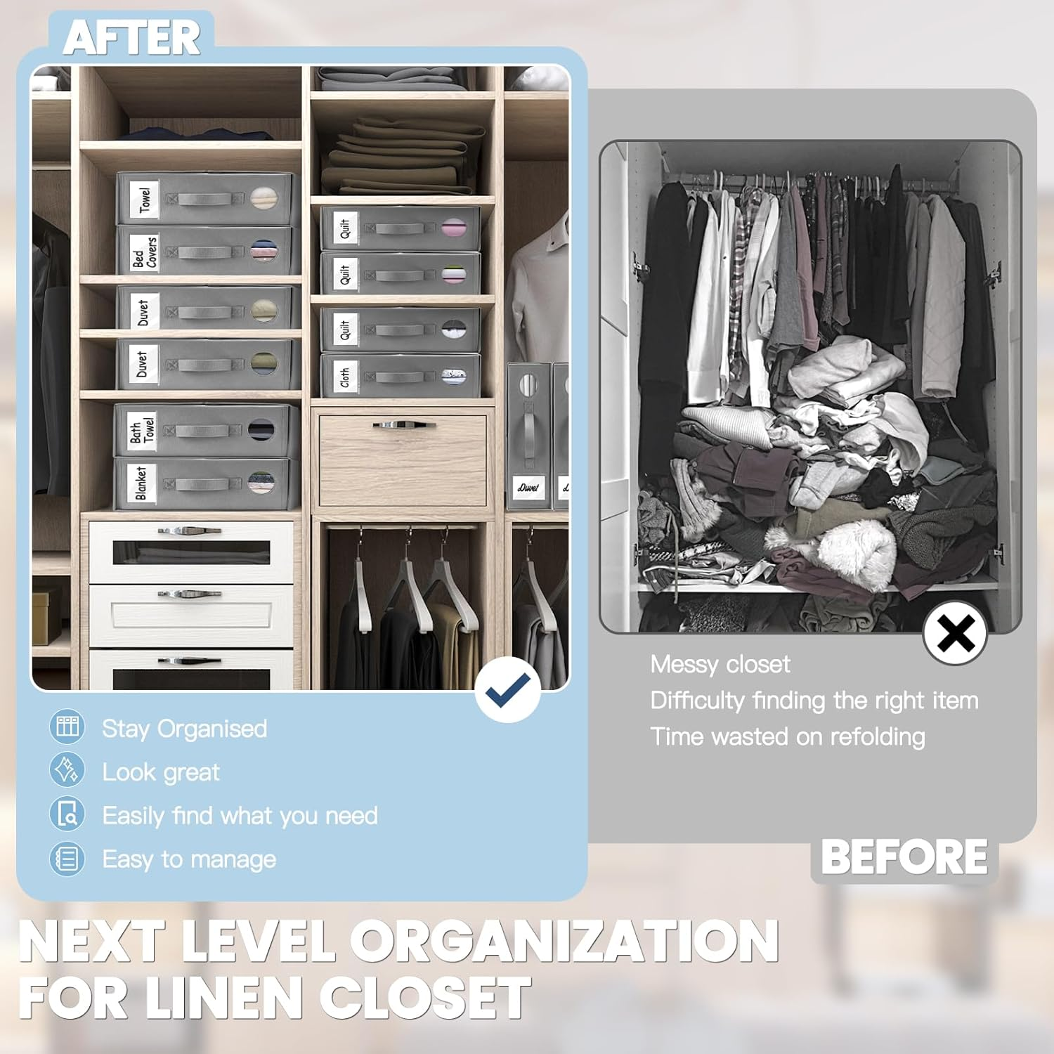 TRZZ 4-Pack Bed Sheet Organizers and Storage, Foldable Linen Bins with Window and Labels, Bedding Holder for Queen/King Duvet Covers, Keeps Bedding Neatly Organized and Accessible (Grey)