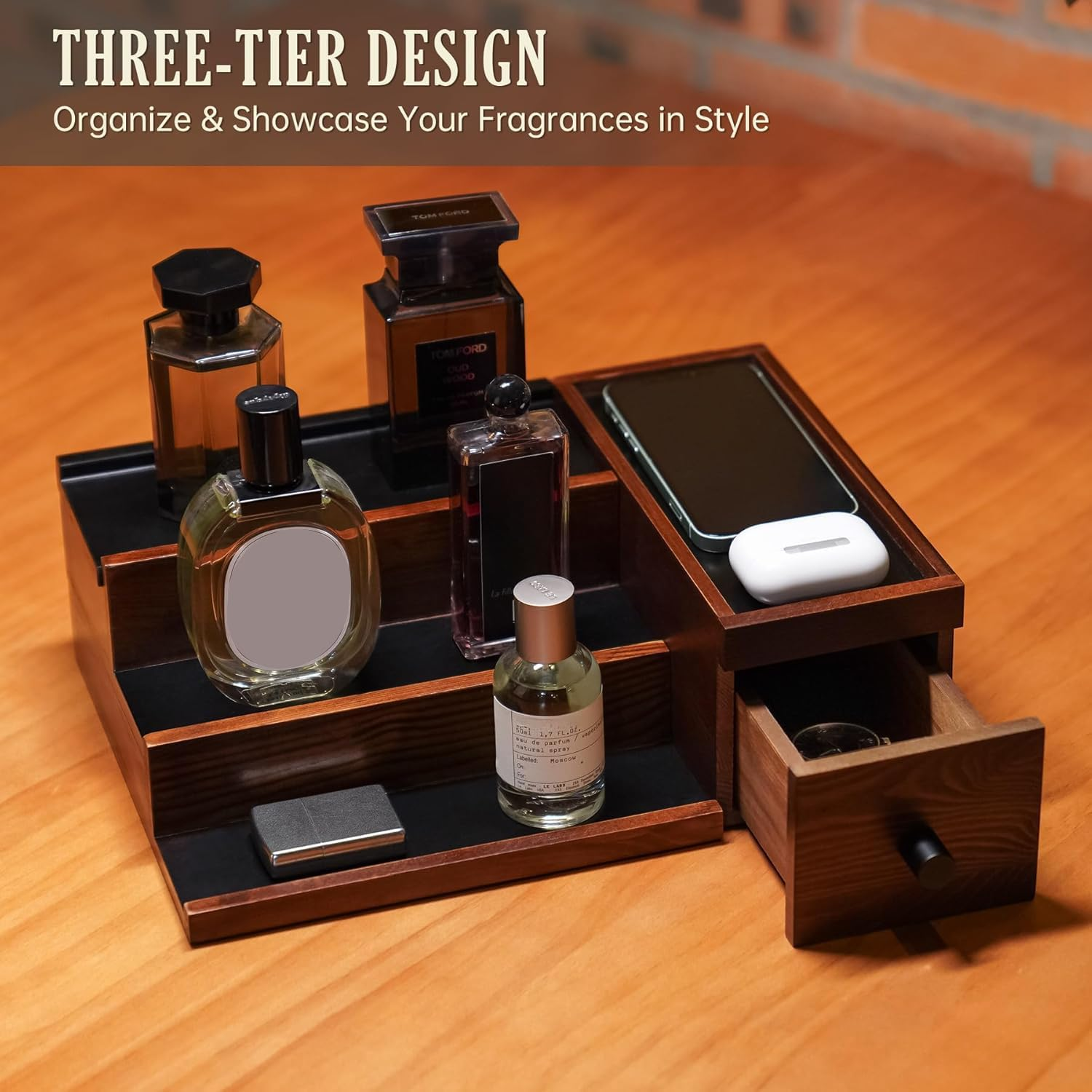 Nihome Handcrafted 3 Tier Wooden Cologne Organizer for Men, Mens Cologne Perfume Stand Organizer Solid Wood W/Hidden Compartments, Multi-Level Storage for Modern Gentleman'S Accessory Organization image number 4