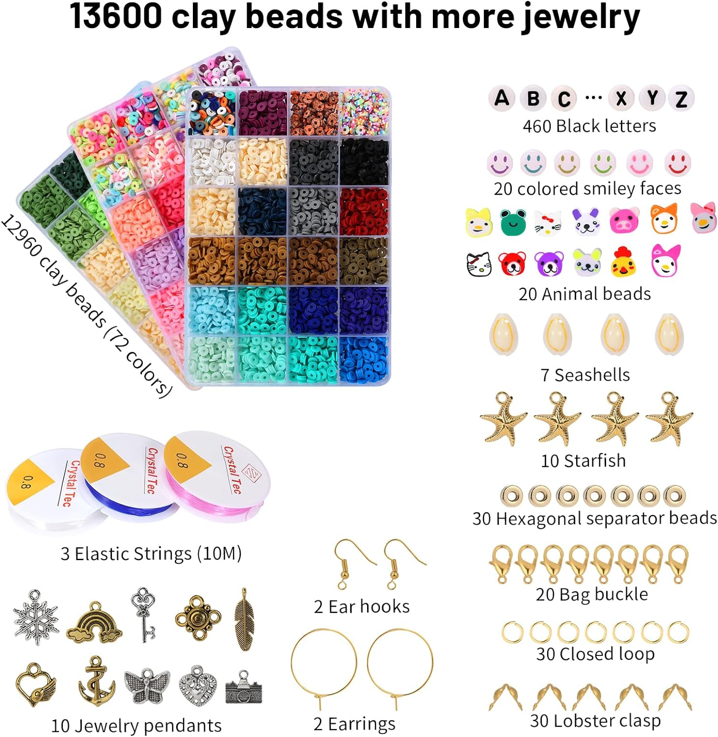 Clay Beads for Jewelry Bracelet Necklace Making Kit, Coxedafi 13600 Pcs Flat round Polymer Clay Beads with Elastic Strings Pendant Charms Kit