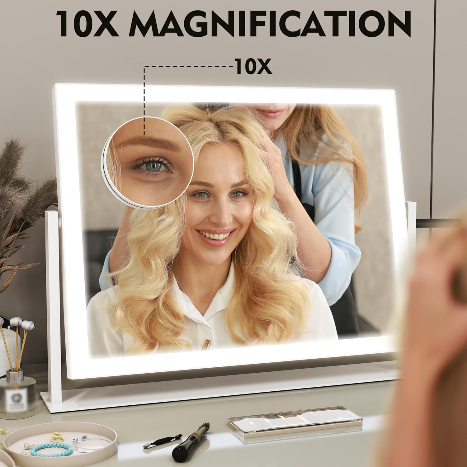 Lighted Makeup Mirror, 41X32Cm Hollywood Vanity Mirror with Lights, 10X Magnification, 3 Color Lighting Modes, Smart Touch Control, 360&deg; Rotation for Bedroom or Tabletop (White)